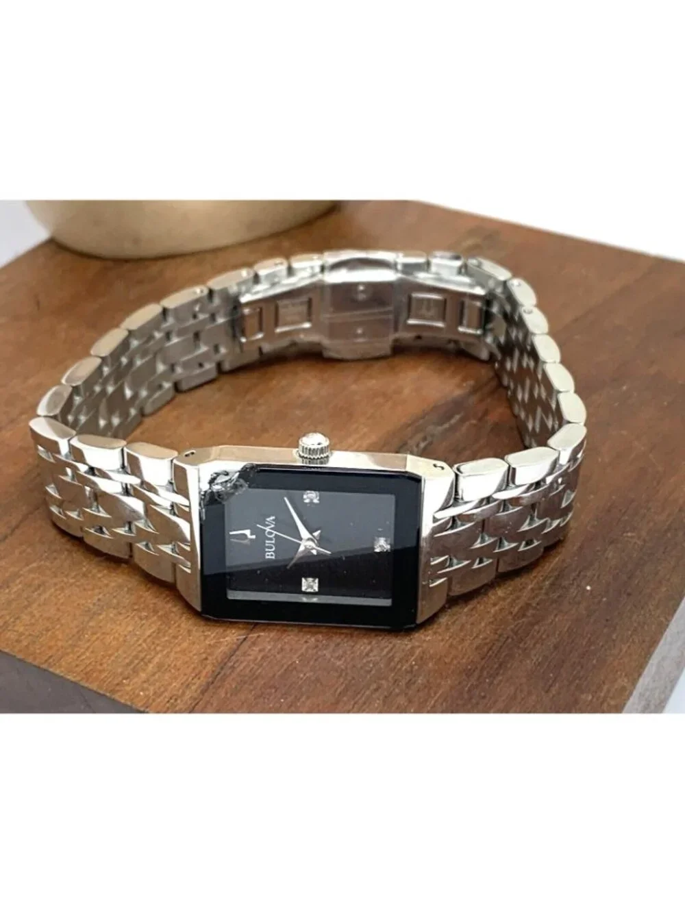 Bulova Women's Watch 96P202 Black Dial Diamond Quadra Silver BROKEN CRYSTAL